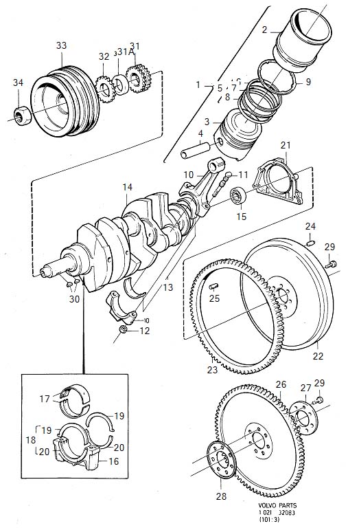 1983 Volvo 760 Main Bearing Kit. Auto.TRANS. B27, B28. Crank Mechanism ...